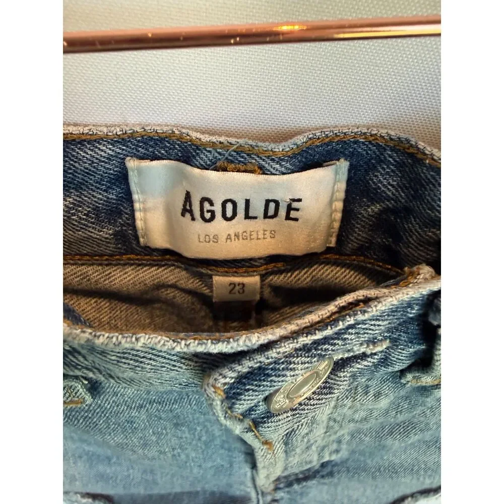 AGOLDE Parker Long Frayed Hem Button Fly Blue Denim Cutoff Shorts Size 23